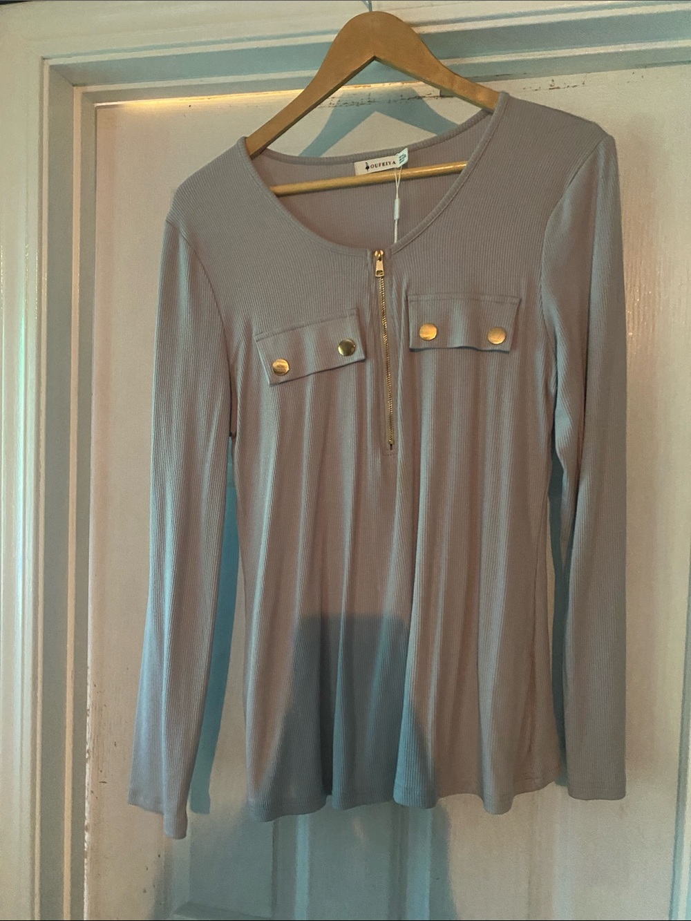 Soprano Dusty Lavender Ribbed Long Sleeve Zip-Front Top